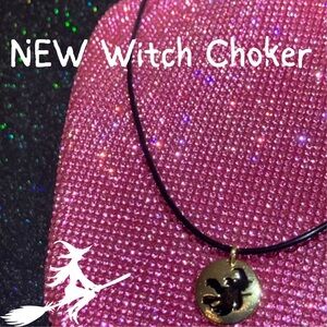 Witch Necklace Choker Black Witch Hat and Broom Egirl Emo Goth Alt Gift Present